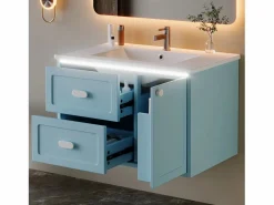 Merax Mueble De Baño Simple|Mueble bajo lavabo suspendido de un seno cerámico - 76 x 46 x 51 cm - acabado lacado - con LEDs + 2 cajones + puerta - cerámica + MDF -