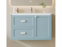 Merax Mueble De Baño Simple|Mueble bajo lavabo suspendido de un seno cerámico - 76 x 46 x 51 cm - acabado lacado - con LEDs + 2 cajones + puerta - cerámica + MDF -