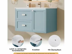 Merax Mueble De Baño Simple|Mueble bajo lavabo suspendido de un seno cerámico - 76 x 46 x 51 cm - acabado lacado - con LEDs + 2 cajones + puerta - cerámica + MDF -