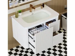 Merax Mueble bajo lavabo suspendido de cerámica de un seno - 80,5 x 47 x 51 cm - acabado lacado - con LEDs + 3 cajones - cerámica + MDF - Blanco Hot
