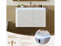 Merax Mueble bajo lavabo suspendido de cerámica de un seno - 80,5 x 47 x 51 cm - acabado lacado - con LEDs + 3 cajones - cerámica + MDF - Blanco Hot