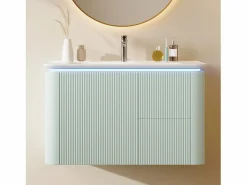 Mueble bajo lavabo suspendido de cerámica de un seno - 80,5 x 47 x 51 cm - acabado lacado - con LEDs + 3 cajones - cerámica + MDF -^Merax Outlet