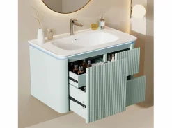Mueble bajo lavabo suspendido de cerámica de un seno - 80,5 x 47 x 51 cm - acabado lacado - con LEDs + 3 cajones - cerámica + MDF -^Merax Outlet