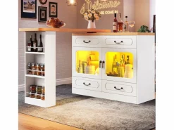 Merax Mueble bar extensible - 135/203 x 39 x 92,8 cm - mesa giratoria con LED + 4 cajones - MDF - Blanco Outlet
