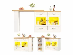 Merax Mueble bar extensible - 135/203 x 39 x 92,8 cm - mesa giratoria con LED + 4 cajones - MDF - Blanco Outlet