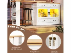 Merax Mueble bar extensible - 135/203 x 39 x 92,8 cm - mesa giratoria con LED + 4 cajones - MDF - Blanco Outlet