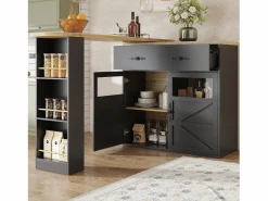 Merax Mueble bar extensible - 138-204 x 39 x 104 cm - Mesa de comedor giratoria 360° - con 2 puertas + 2 cajones - MDF - Negro