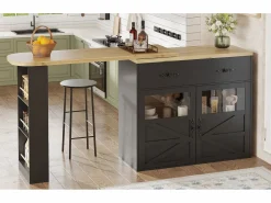 Merax Mueble bar extensible - 138-204 x 39 x 104 cm - Mesa de comedor giratoria 360° - con 2 puertas + 2 cajones - MDF - Negro