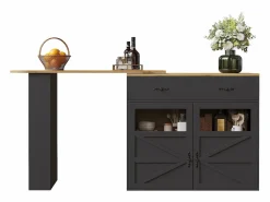 Merax Mueble bar extensible - 138-204 x 39 x 104 cm - Mesa de comedor giratoria 360° - con 2 puertas + 2 cajones - MDF - Negro