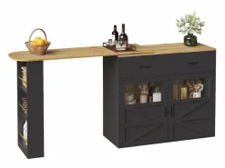 Merax Mueble bar extensible - 138-204 x 39 x 104 cm - Mesa de comedor giratoria 360° - con 2 puertas + 2 cajones - MDF - Negro