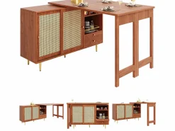 Mueble bar giratorio - 2 puertas, cajones y estantes de almacenaje - MDF y efecto ratán - Marrón^Merax Outlet