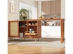 Mueble bar giratorio - 2 puertas, cajones y estantes de almacenaje - MDF y efecto ratán - Marrón^Merax Outlet