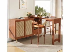 Mueble bar giratorio - 2 puertas, cajones y estantes de almacenaje - MDF y efecto ratán - Marrón^Merax Outlet