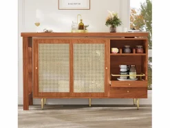 Mueble bar giratorio - 2 puertas, cajones y estantes de almacenaje - MDF y efecto ratán - Marrón^Merax Outlet