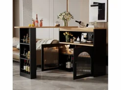 Merax Mueble Bar|Mueble bar giratorio - 2 puertas, 3 estantes de almacenamiento y nicho - Tapa efecto madera MDF - LED - Natural y