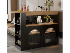 Merax Mueble Bar|Mueble bar giratorio - 2 puertas, 3 estantes de almacenamiento y nicho - Tapa efecto madera MDF - LED - Natural y