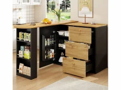 Mueble Bar|Mueble bar giratorio - Mesa de bar extensible con 3 cajones y 1 puerta - almacenamiento abierto -