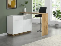Mueble bar pivotante - 2 puertas 1 cajón 1 estante - MDF - Blanco lacado y roble - ELDIR^Vente-unique