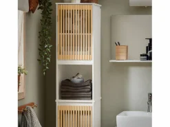 Sobuy Columna De Baño|Mueble Columna de Baño con 1 Compartimiento Armario Alto para Baño Estanterías de Baño con 2 Puertas y 5 Estantes 33 x 33 x 165 cm BZR127-W ES