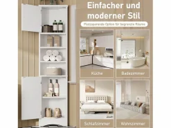 Merax Columna De Baño|Mueble de baño - 57,5 ​​x 28,5 x 160 cm - Con 2 puertas de cristal + 2 puertas de madera + 2 compartimentos abiertos Espacios - MDF - Gris