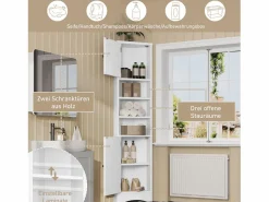 Merax Columna De Baño|Mueble de baño - 57,5 ​​x 28,5 x 160 cm - Con 2 puertas de cristal + 2 puertas de madera + 2 compartimentos abiertos Espacios - MDF - Gris