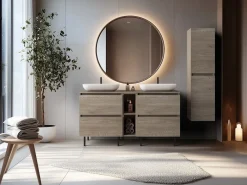 Mueble de baño 140 cm (2x 60 + 20) con encimera superior + patas para mueble, color: Roble Claro, 140 x 46 x 80,7 cm Marru00f3n New
