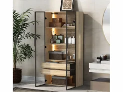 Columna De Baño|Mueble de baño con 2 puertas, 2 cajones grandes, LED integrado, MDF, madera clara, 73x36x155 cm