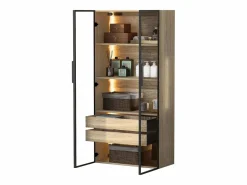 Columna De Baño|Mueble de baño con 2 puertas, 2 cajones grandes, LED integrado, MDF, madera clara, 73x36x155 cm
