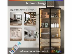 Columna De Baño|Mueble de baño con 2 puertas, 2 cajones grandes, LED integrado, MDF, madera clara, 73x36x155 cm