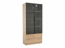 Hauss Spole Mueble De Pared Para Baño|Mueble de baño con 2 puertas de cristal y 2 cajones, LED incluido, cuerpo natural claro - 75x34,5x170cm