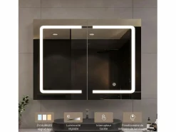 Mueble de baño con espejo LED, enchufe e interruptor con sensor - 80x13,5x60 cm^