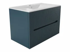 Vente-unique Mueble De Baño Simple|Mueble de baño con lavabo individual suspendido estriado azul, Ancho 80 cm, PAVANI