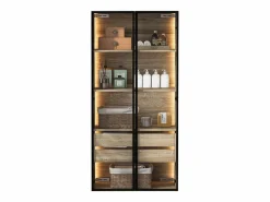 Mueble de baño con LEDs - 74 x 36 x 155 cm - 2 cajones grandes y 2 puertas de cristal - Madera MDF - natural^Merax Outlet
