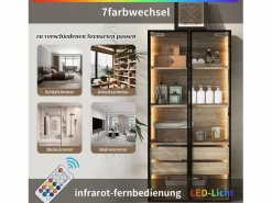Mueble de baño con LEDs - 74 x 36 x 155 cm - 2 cajones grandes y 2 puertas de cristal - Madera MDF - natural^Merax Outlet