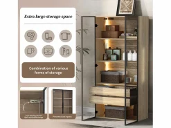 Mueble de baño con LEDs - 74 x 36 x 155 cm - 2 cajones grandes y 2 puertas de cristal - Madera MDF - natural^Merax Outlet