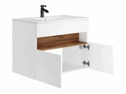 Vente-unique Mueble De Baño Simple|Mueble de baño con LEDs, lavabo empotrado, blanco y natural oscuro, 80 cm, POZEGA