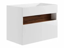 Vente-unique Mueble De Baño Simple|Mueble de baño con LEDs, lavabo empotrado, blanco y natural oscuro, 80 cm, POZEGA
