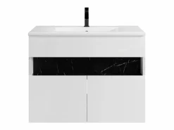 Vente-unique Mueble de baño con luces LED, lavabo empotrable, blanco y negro mármol, 80 cm, POZEGA Negro / Blanco Best