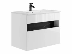 Vente-unique Mueble de baño con luces LED, lavabo empotrable, blanco y negro mármol, 80 cm, POZEGA Negro / Blanco Best