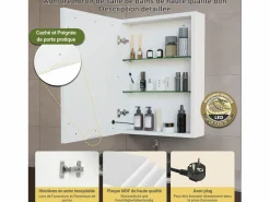 Mueble De Pared Para Baño|Mueble de baño de pared con espejo, LED, estante regulable - 70x15x60 cm