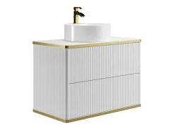 Vente-unique Mueble de baño estriado con ribete dorado y lavabo redondo, 80 cm, KELIZA Blanco Clearance