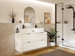 Vente-unique Mueble De Baño Con Doble Lavabo|Mueble de baño estriado con lavabo sobre encimera cuadrado, mate, 120 cm, ZEVINI