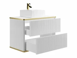 Vente-unique Mueble de baño estriado con ribete dorado y lavabo sobre encimera, , KELIZA Blanco Hot