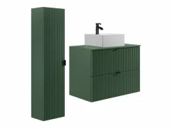 Vente-unique Conjunto De Baño|Mueble de baño estriado, lavabo cuadrado sobre encimera y columna, mate, 80 cm ZEVINI
