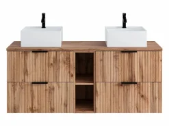 Vente-unique Mueble De Baño Con Doble Lavabo|Mueble de baño estriado natural claro con estantes y lavabo cuadrado sobre encimera, 140 cm, ZEVARA