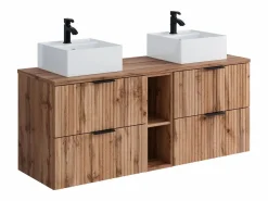 Vente-unique Mueble De Baño Con Doble Lavabo|Mueble de baño estriado natural claro con estantes y lavabo cuadrado sobre encimera, 140 cm, ZEVARA