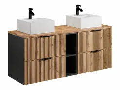 Vente-unique Mueble De Baño Con Doble Lavabo|Mueble de baño estriado natural claro con estantes y lavabo cuadrado sobre encimera, 140 cm, MADELA