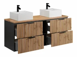 Vente-unique Mueble De Baño Con Doble Lavabo|Mueble de baño estriado natural claro con estantes y lavabo cuadrado sobre encimera, 140 cm, MADELA