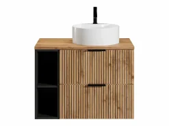 Vente-unique Mueble De Baño Simple|Mueble de baño estriado natural claro con estantes y lavabo, 80 cm, MADELA