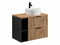 Vente-unique Mueble De Baño Simple|Mueble de baño estriado natural claro con estantes y lavabo, 80 cm, MADELA